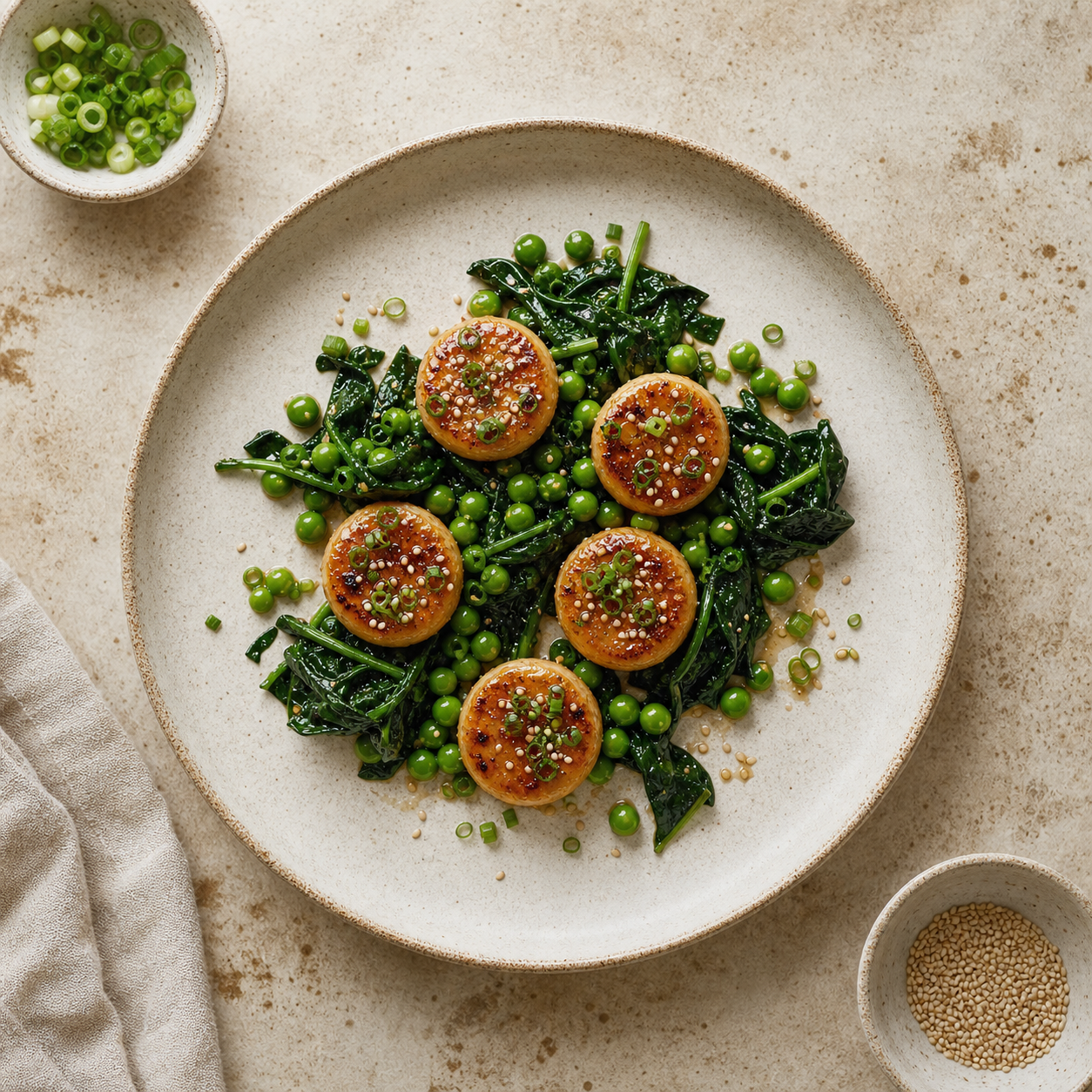 Miso Rice Cakes With Spinach and Peas
